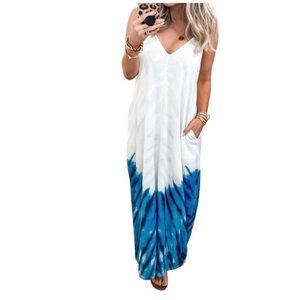 White/Blue Maxi Beach Maxi Plus Size 2X Bohemian Style Loose Fit Lounge Dres…